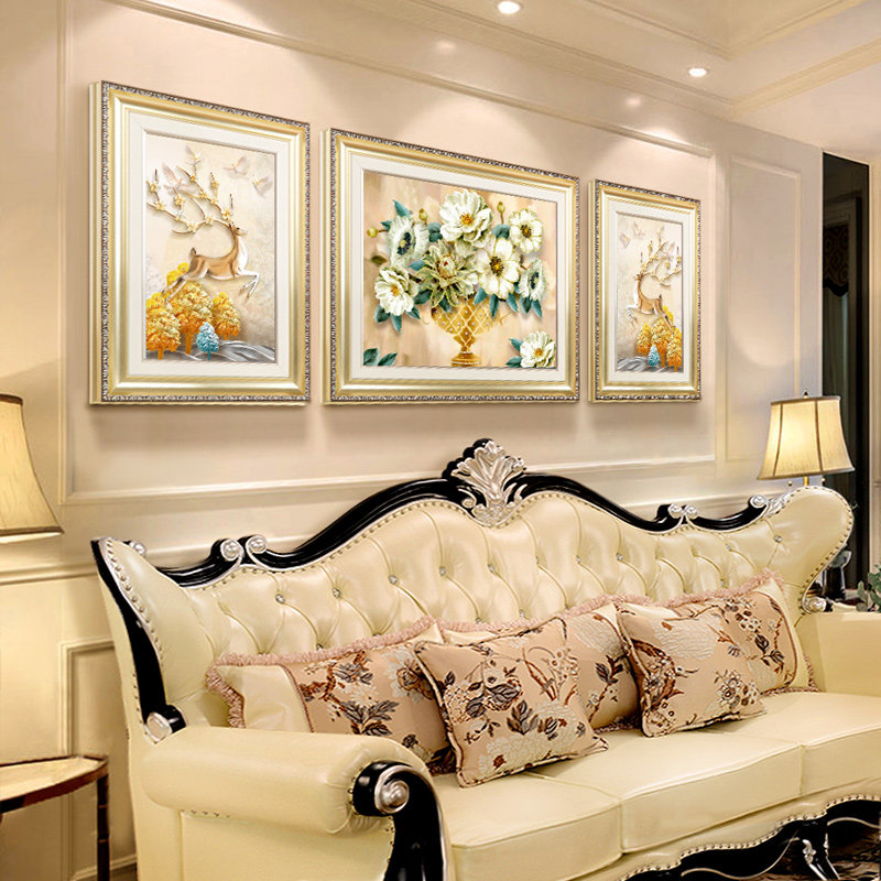 Sofa Background Wall Decoration Painting Eurostyle Murals Triple Hair Treasure Tree Water Elk Wall Painting Living Room Hanging Painting Atmosphere Light Lavish
