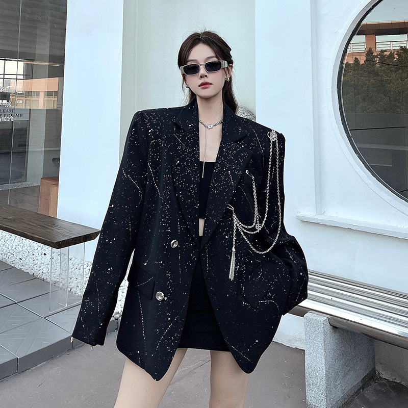 High-End Gold-Stamped Starry Sky Blazer for Women, Spring and Autumn, Cool and Casual, Shoulder-Padded, Metal Chain Suit Jacket Top High-End Gold-Stamped Starry Sky Blazer for Women, Spring and Autumn, Cool and Casual, Shoulder-Padded, Metal Chain Suit Jacket Top
