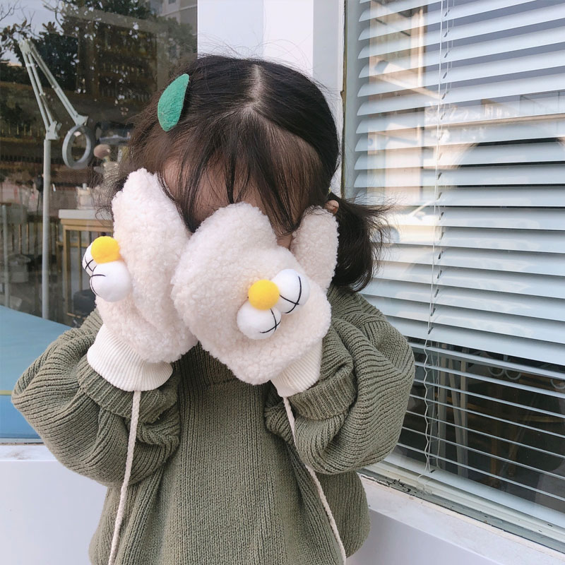 Children's gloves ins cartoon plus velvet thickening winter warm men and women baby hanging neck gloves outdoor mittens