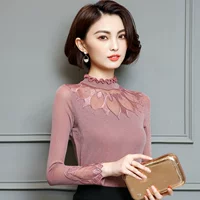 Áo voan dài tay nữ mùa xuân hè 2019 áo sơ mi ren đáy mới trên quần áo mùa thu Hàn Quốc sơ mi cổ trụ nữ