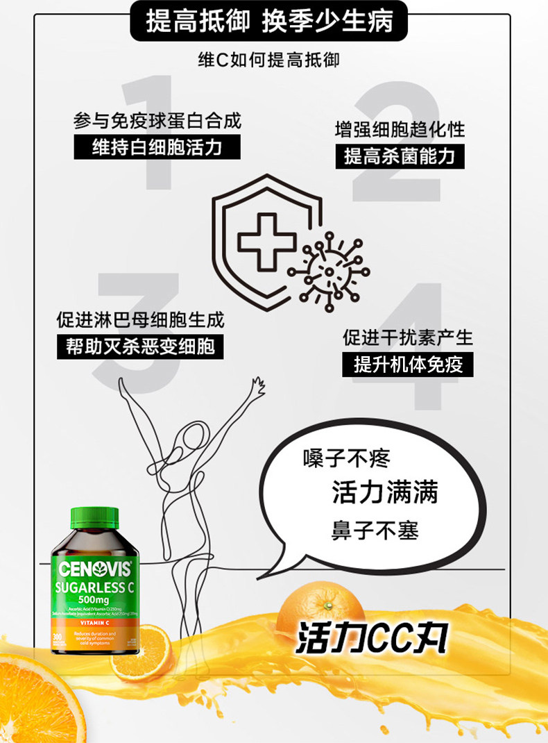 澳洲原产 Cenovis 天然橙味 无糖维生素C咀嚼片 300粒 图5