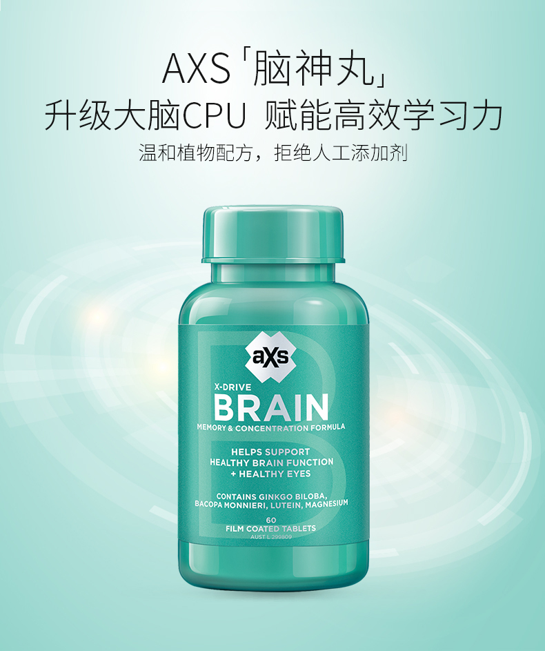 最强大脑王峰推荐 澳洲AXS 脑神丸 缓解脑疲劳/提升记忆力 60片 图2