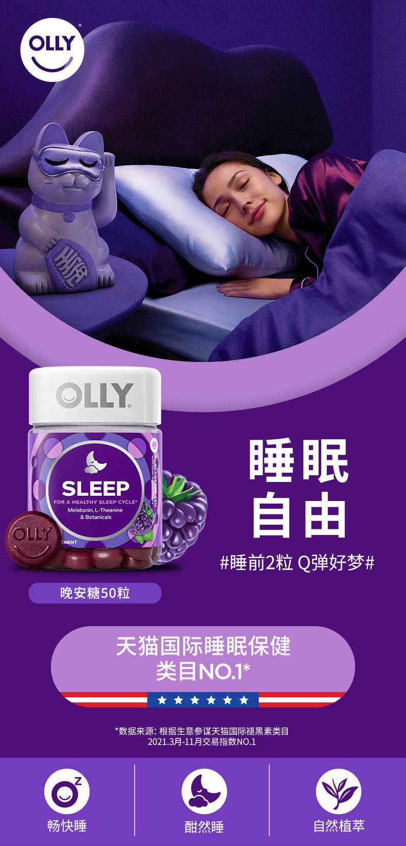 美国进口 Olly sleep 加强版褪黑素助眠软糖 50粒 双重优惠折后¥65.2包邮包税