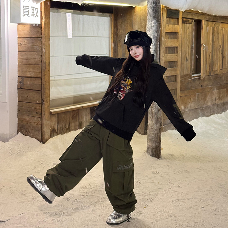 Skibear Original Army Green Ski Overalls, Black Graffiti Sweatshirt, Fleece-Lined, Waterproof, Taped Seams, Breathable, Professional