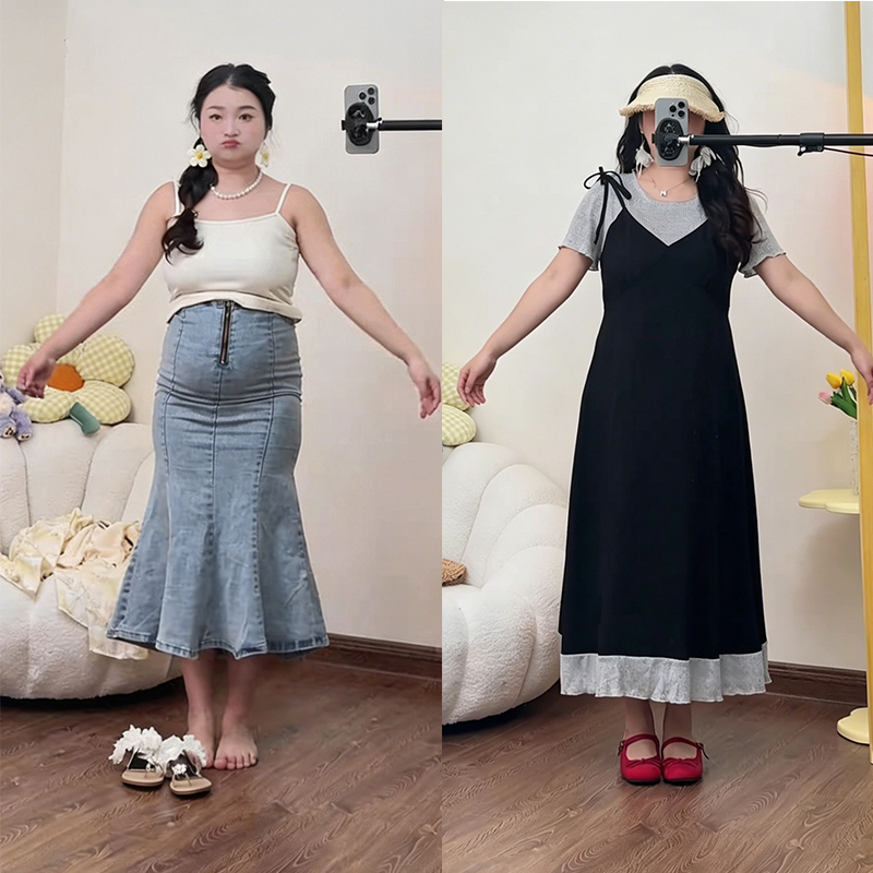 Plus-Size Faux Two-Piece Dress for Women, New Summer Style for Slightly Chubby Figures, Pear-Shaped Body, Slimming, Age-Reducing, Long Dress Plus-Size Faux Two-Piece Dress for Women, New Summer Style for Slightly Chubby Figures, Pear-Shaped Body, Slimming, Age-Reducing, Long Dress