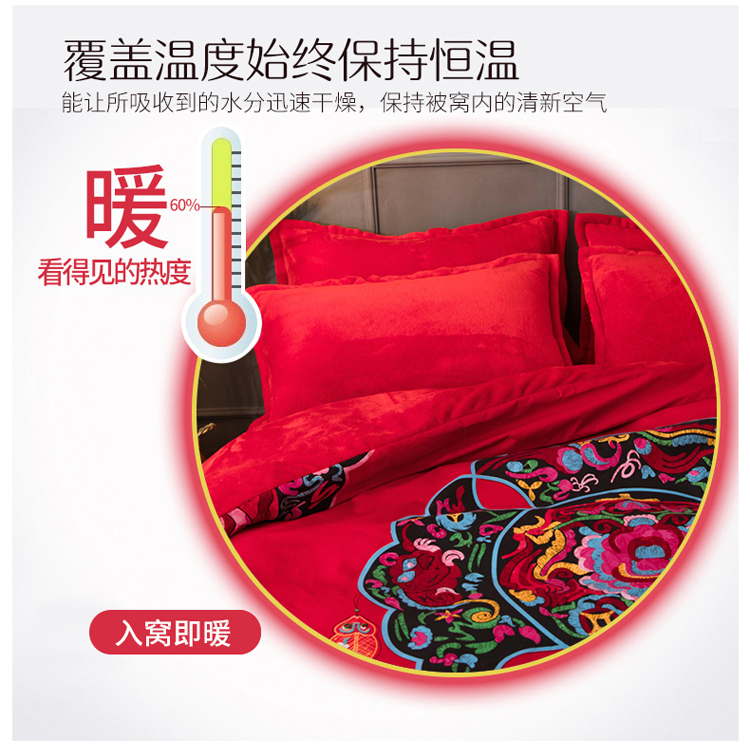 Nhung nhung bốn mảnh A-side cotton B-flannel mùa đông dày chăn ấm chăn trải giường gối mền 2 trong 1
