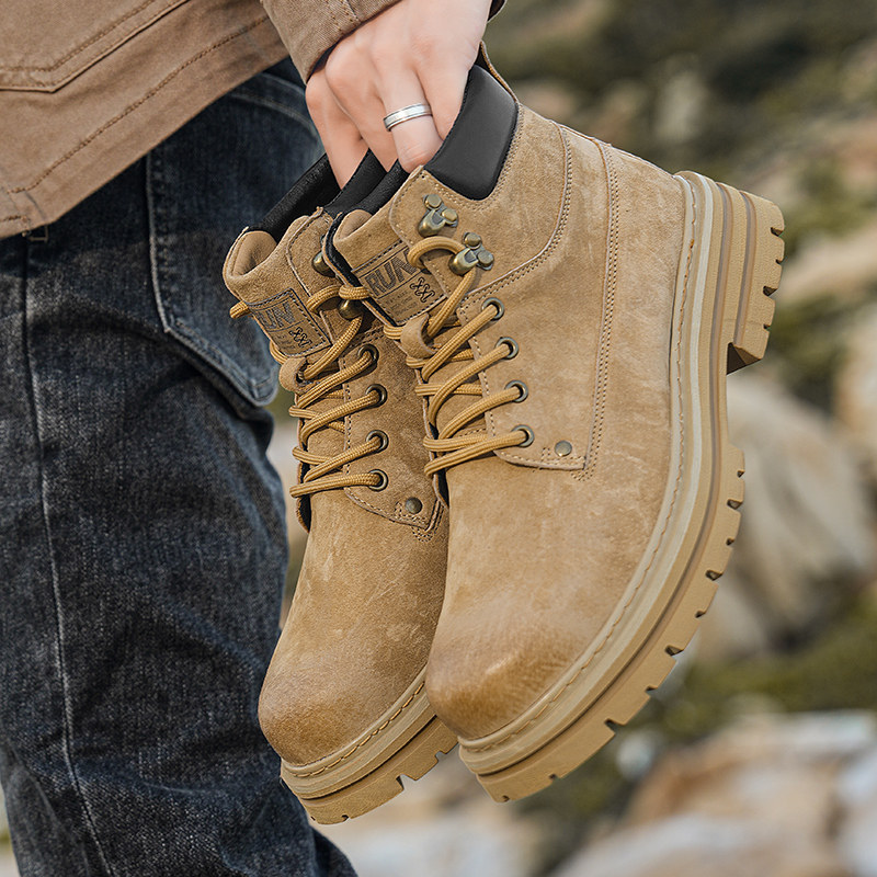 Martin Boots for Men, Autumn British Retro Genuine Leather Mid-Top Short Boots, Sports Thick-Soled Suede High-Top Work Shoes for Men