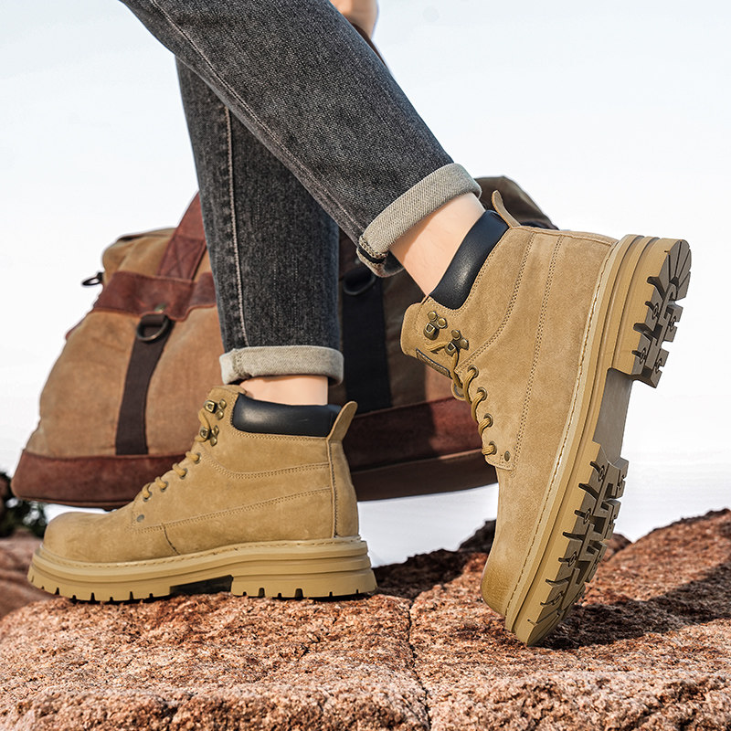 Martin Boots for Men, Autumn British Retro Genuine Leather Mid-Top Short Boots, Sports Thick-Soled Suede High-Top Work Shoes for Men