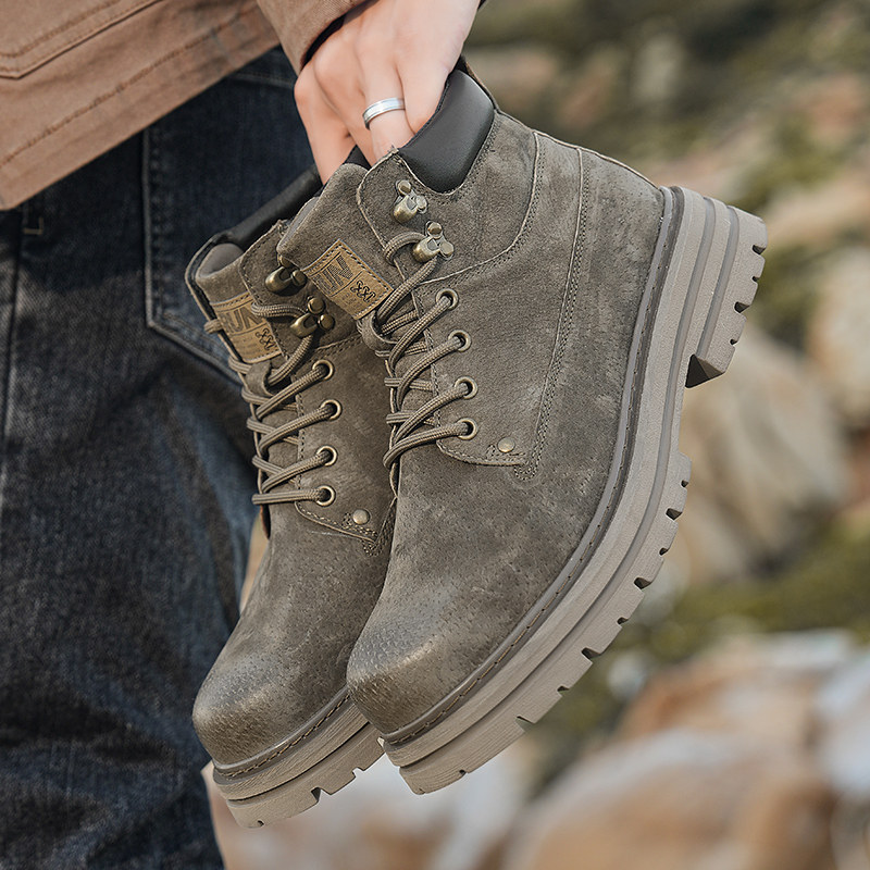 Martin Boots for Men, Autumn British Retro Genuine Leather Mid-Top Short Boots, Sports Thick-Soled Suede High-Top Work Shoes for Men