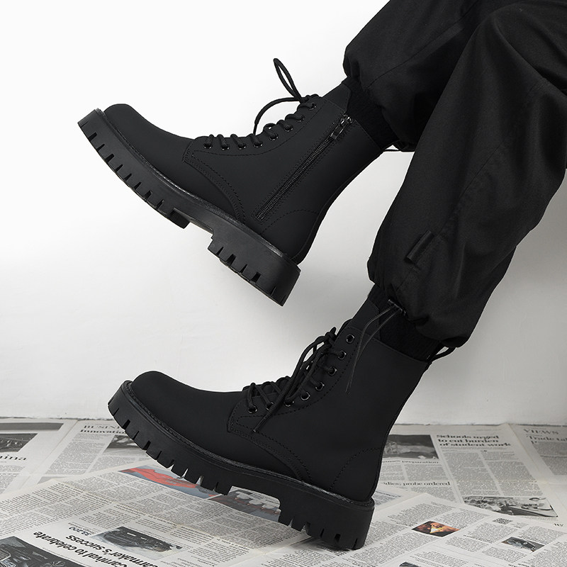 Martin Boots for Men, Winter British Style Black High-Top Leather Shoes, Men's Thick-Soled Height-Increasing American Motorcycle Work Short Boots