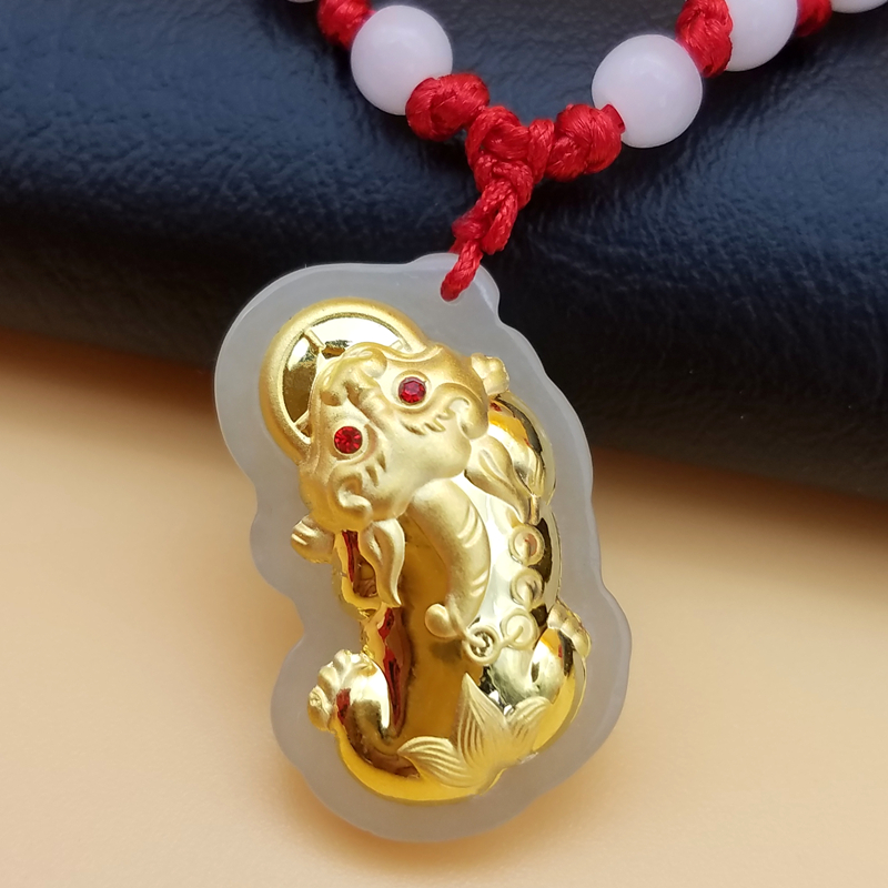 Gold - mounted jade jade pendant Gold Mercy of gold pink and Tian Yu hang necklace for men and women