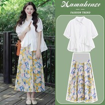 Maternity skirt spring and summer style three-dimensional flower slimming A-line skirt summer short-sleeved shirt two-piece suit