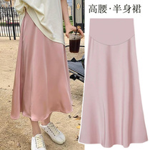 Pregnant woman half-body dress Summer outwear in medium length Pink Satin Half Skirt Woman Summer Dress High Waist A Dress Toventral Dress