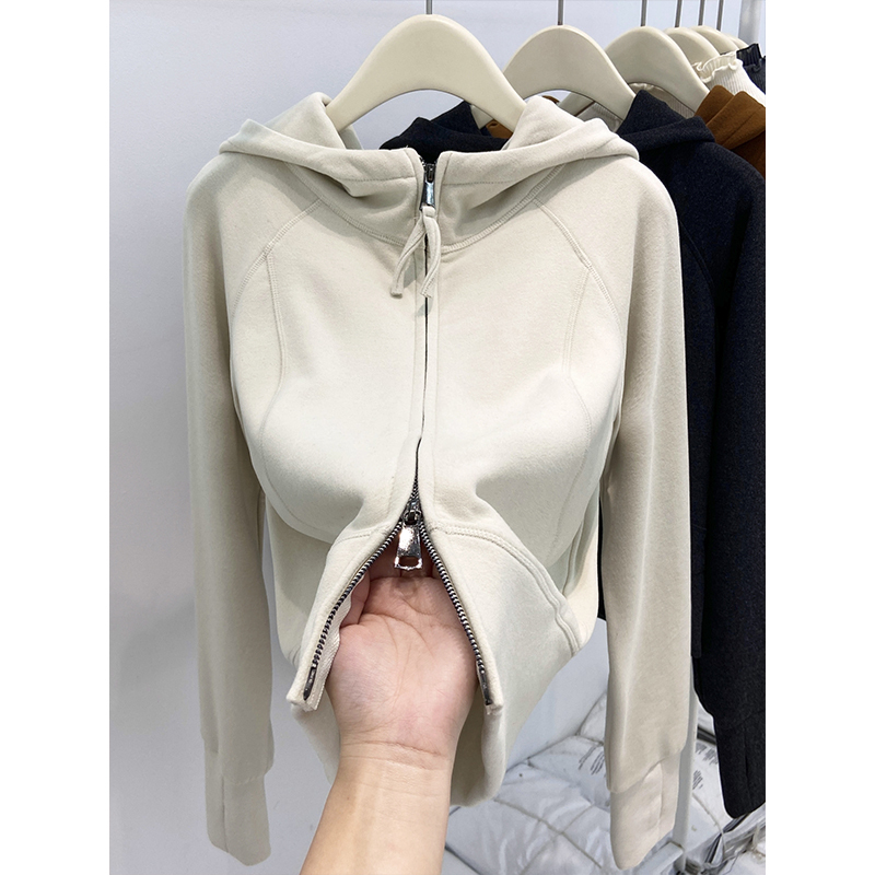 Double Zipper Hooded Cardigan Jacket for Women 2026 Autumn and Winter New Design Double-Sided German Velvet Thickened Slim-Fit Sweatshirt