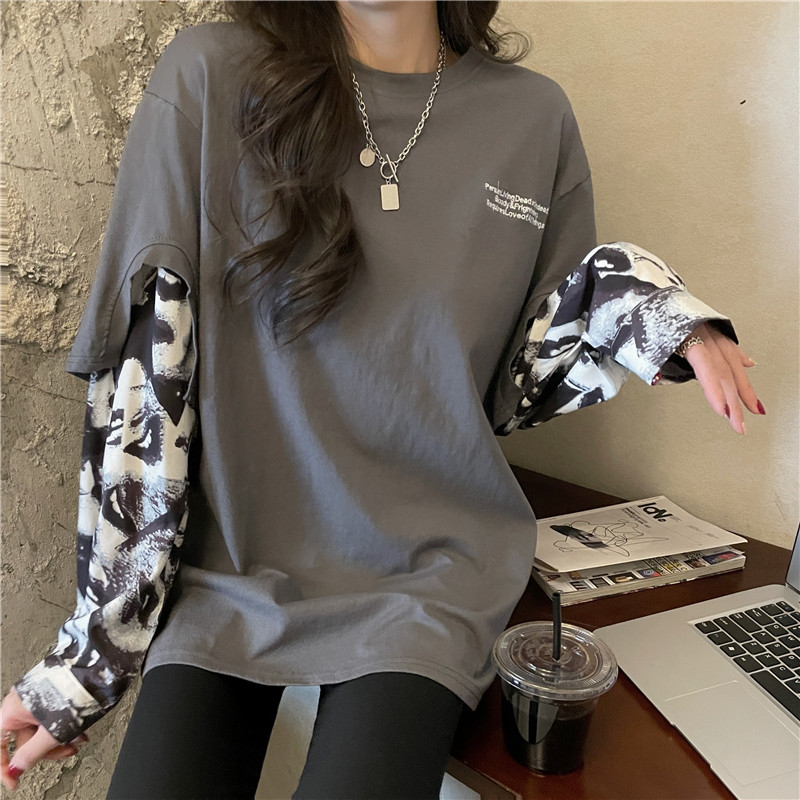 Real shooting fish scale cotton spring new splicing fake two pieces of long sleeve T-shirt