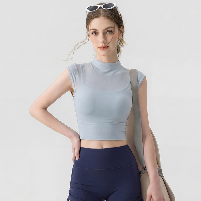 Fake Two-Piece Yoga Clothes, Breathable Mesh Running Fitness Pilates Training Sleeveless Sports Top Set for Summer