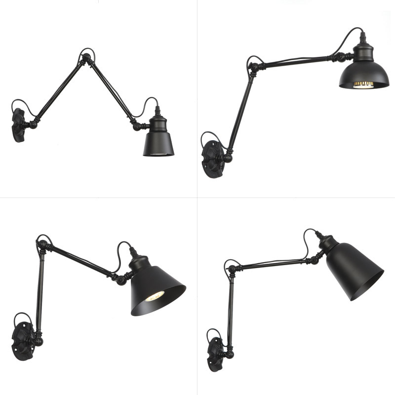 American Retro Style Foldableable Wrought Iron Led Spotlight Decorative Dining Table Bedside Reading Rocker Sub-Black Wall Lamp