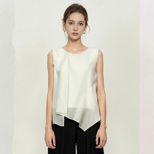 妖精的商场同款法式设计感雪纺衫女2025年夏季荷叶边醋酸无袖小衫