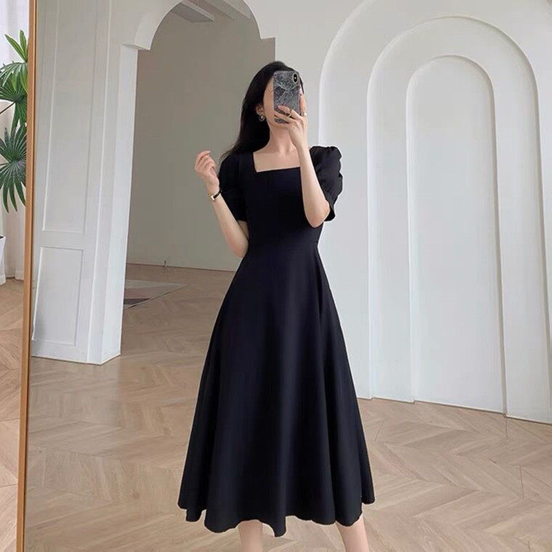 Black square collar dress for women Summer 2022 new French style retro collection waist display slim temperament Herbenwind long version of skirt