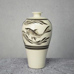 磁州窑大家陶艺 鱼藻纹梅瓶 花瓶 客厅装饰摆件 花道插花器瓶