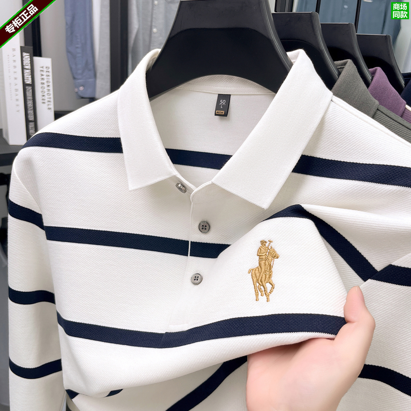 Paul's New Spring and Autumn White Striped Long-Sleeve Polo Shirt for Men, Business Casual, Middle-Aged, Embroidered Horse Logo, Collared T-Shirt