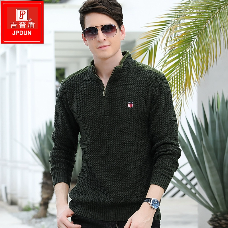 Jeep Shield Winter Sweater nam Nửa cao cổ Zipper Zipper dày Áo thun dệt kim Bông tinh khiết Dòng áo đứng Cổ áo Xu hướng hàng đầu - Áo len cổ tròn