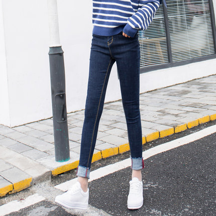 黑色高腰牛仔裤女 长裤修身显瘦卷边九分裤弹