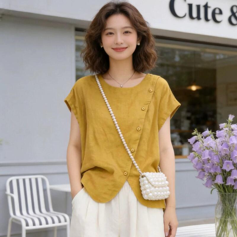 Irregular Asymmetrical Collar Cotton and Linen Sleeveless Shirt for Women, Summer Thin Button-Up Shirt, Fashionable and Stylish Top Irregular Asymmetrical Collar Cotton and Linen Sleeveless Shirt for Women, Summer Thin Button-Up Shirt, Fashionable and Stylish Top