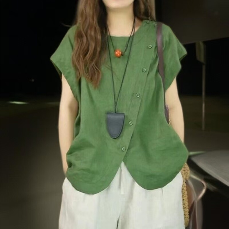 High-End Japanese-Style Cotton and Linen Shirt for Women, with a Unique Design, Youthful and Versatile, Loose-Fitting Short-Sleeved Linen Shirt with Diagonal Placket