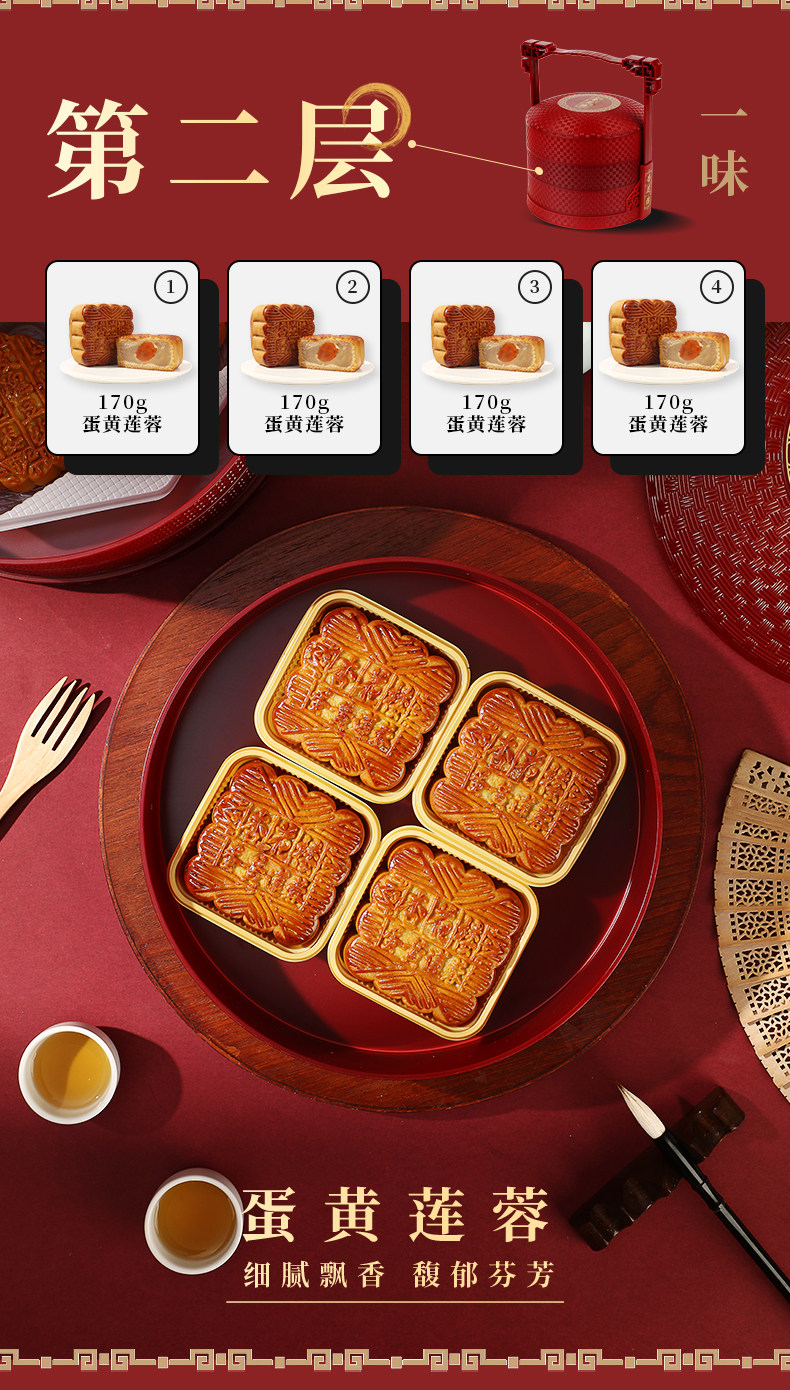上海老字号 杏花楼 高档馨月提篮 月饼礼盒 9饼4味/1600g 图4