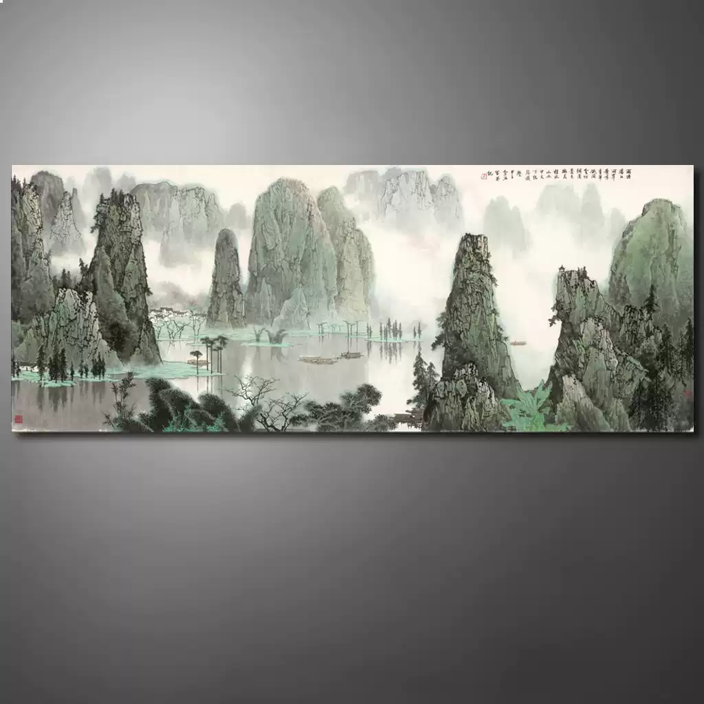 白雪石漓江山水桂林山水甲天下客厅水墨山水画国画大幅中式挂画-淘宝