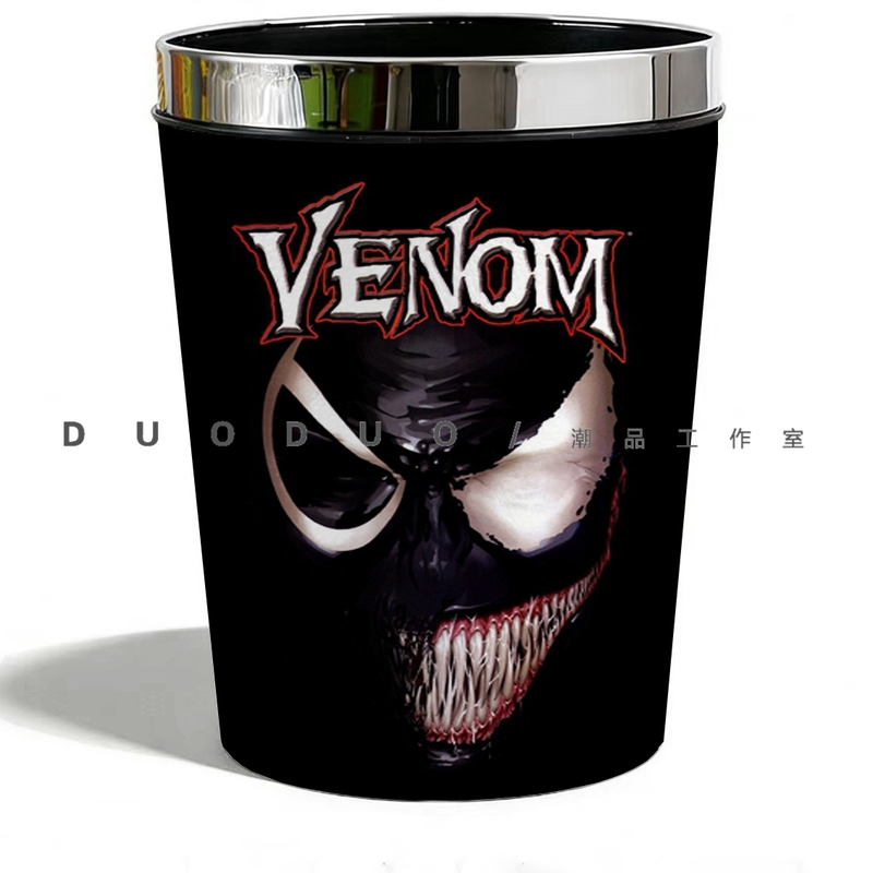 Venom Movie Merchandise Spider-Man Trash Can with Press-Lock Bag, Waterproof Leather-Themed Household Dark Retro Bin