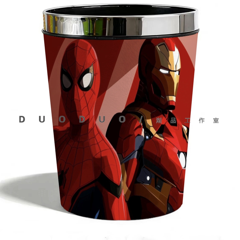 Iron Man Spider-Man Waterproof Press-Ring Trash Can Anime Marvel Leather Cover Storage Bin for Restaurant Kitchen Living Room