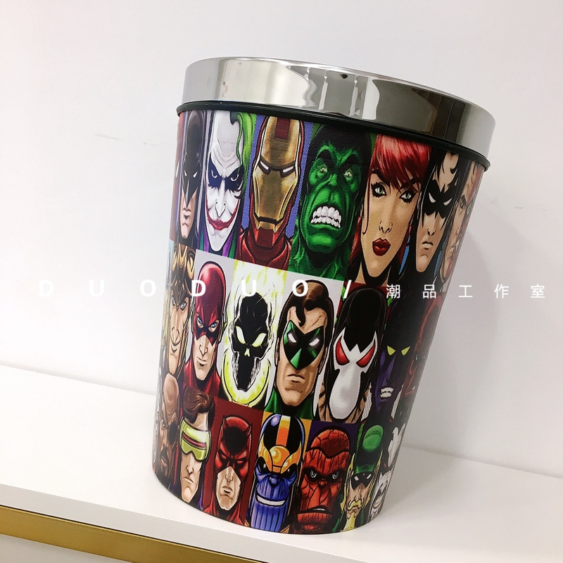 Marvel Trash Can Pressure Ring Home Living Room Kitchen Bedroom Waterproof and Moisture-Proof Leather Iron Man Spider-Man Storage Bucket