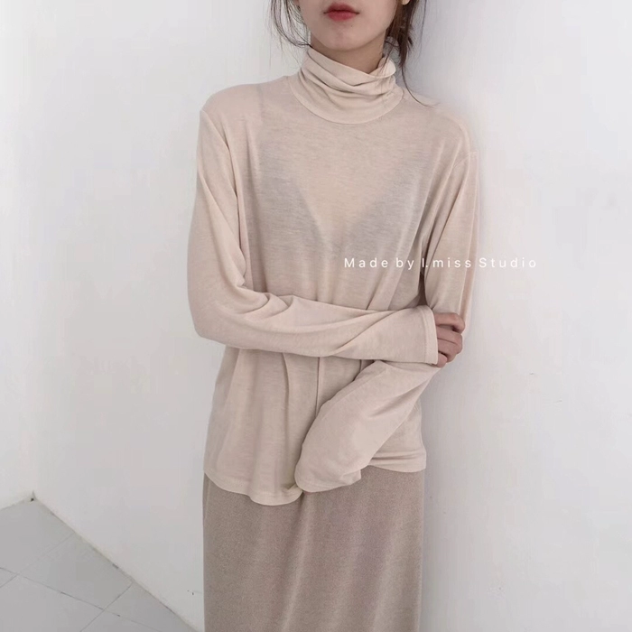 Imiss phiên bản Hàn Quốc của mùa thu nữ retro áo thun dài tay mỏng màu cao cổ áo sơ mi cổ điển mỏng hoang dã áo phông trắng