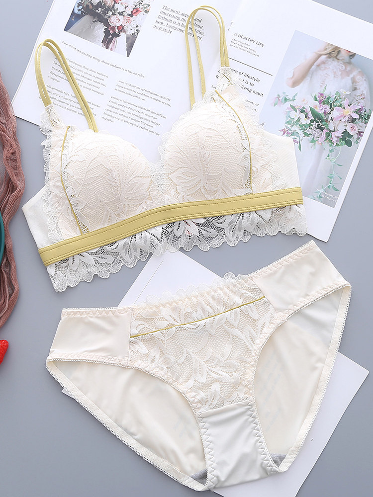 Underwear women's thin sexy cross-belt bra lace suit Small chest gathered without rim white beauty back bra