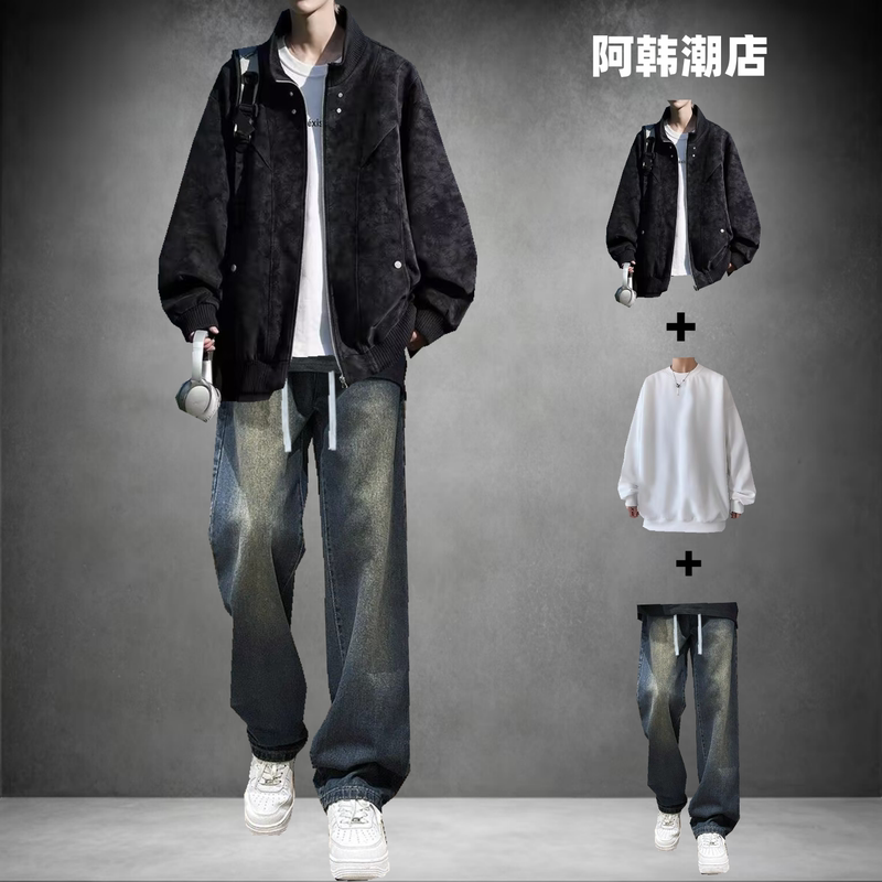 Men's Autumn Trendy Brand Outfit: Retro Tie-Dye Pu Leather Jacket Paired with Sweatshirt and Jeans, Complete Lazy Style Set Men's Autumn Trendy Brand Outfit: Retro Tie-Dye Pu Leather Jacket Paired with Sweatshirt and Jeans, Complete Lazy Style Set