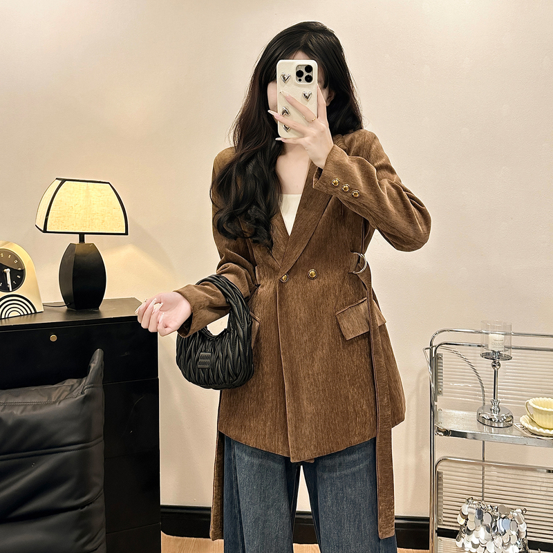 [Quilted for Warmth] Autumn and Winter Vintage Chenille Blazer for Women with a Design Belt, Slimming Suit Jacket for Women
