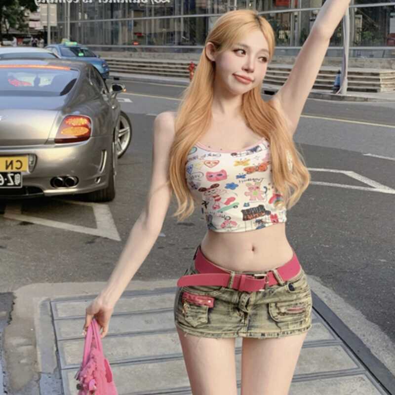 American-Style Low-Waisted Denim Skirt Y2K Summer Sexy Retro Culottes for Petite Women Low-Waisted Hip-Hugging Skirt