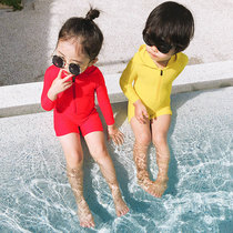 Children Conjoined Long-sleeved Swimsuit Outdoor Beach Sun Protection Boy Speed Dry Even Cap Swimsuit Girl Baby Spa Swimsuit