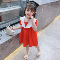 Girls dress short sleeves 2021 Summer Korean version Children princess dress Red Navy Wind Baby beach Snow spinning dress