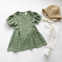 Summer Girl Foreign Air Princess Skirt Children Green Plaid Sleeveless Pure Cotton One-piece Dress Baby Short Sleeve Vest Skirt