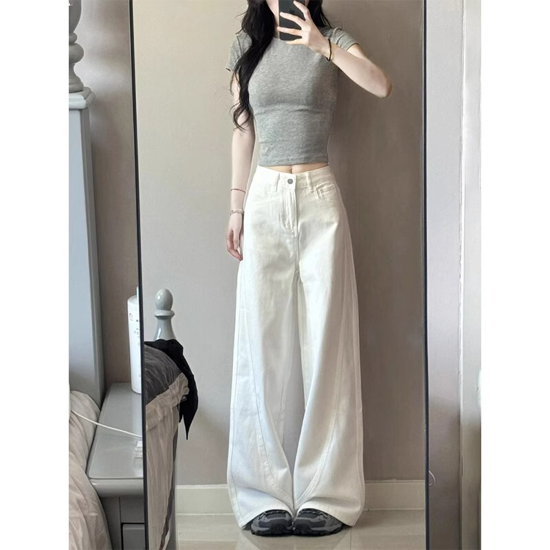 Petite White Wide-Leg Jeans for Women, Summer New Style, American High-Waisted, Loose, Drapey, Slimming Straight-Leg Pants