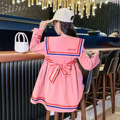 Children's dress girl 2021 autumn new long sleeve solid color navy style open shirt dress