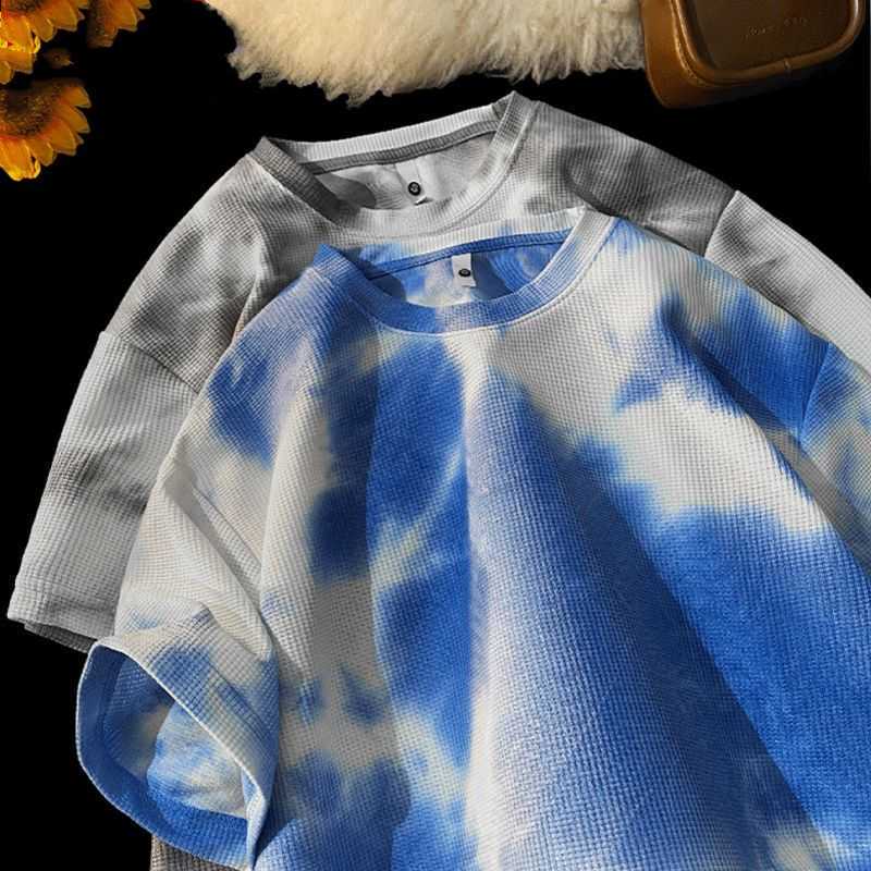 Extra Large Size 150kg Tie-Dye Waffle Short-Sleeve T-Shirt for Men and Women, Summer American Retro Style Cool Half-Sleeve Top