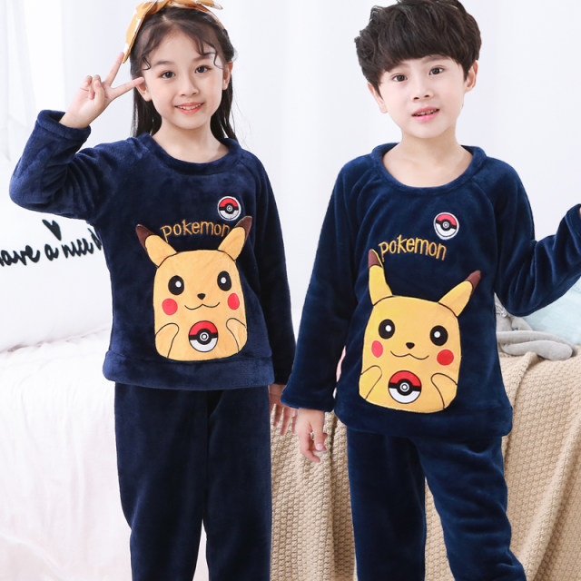 Children's pajamas boys autumn and winter thickened flannel coral fleece girls big children baby children's clothing home clothes