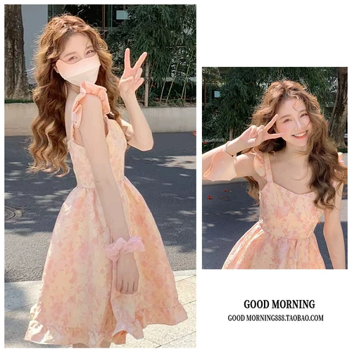 Платье, свежая розовая юбка, французский стиль, высокая талия, в цветочек