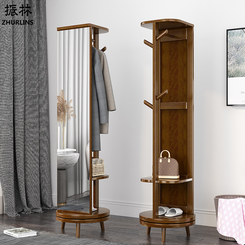 Bedroom full body mirror hanger integrated full body full body mirror household solid wood coat rack floor rotatable ins