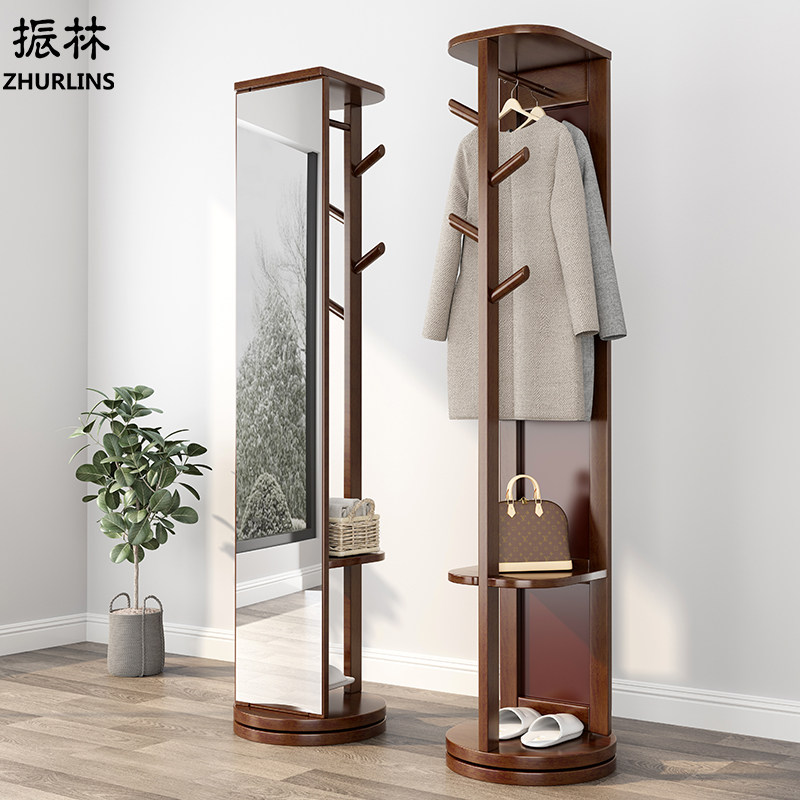 Full body mirror hanging clothes hanger One bedroom full body full body mirror Home solid wood clothes hat rack floor rotatable ins
