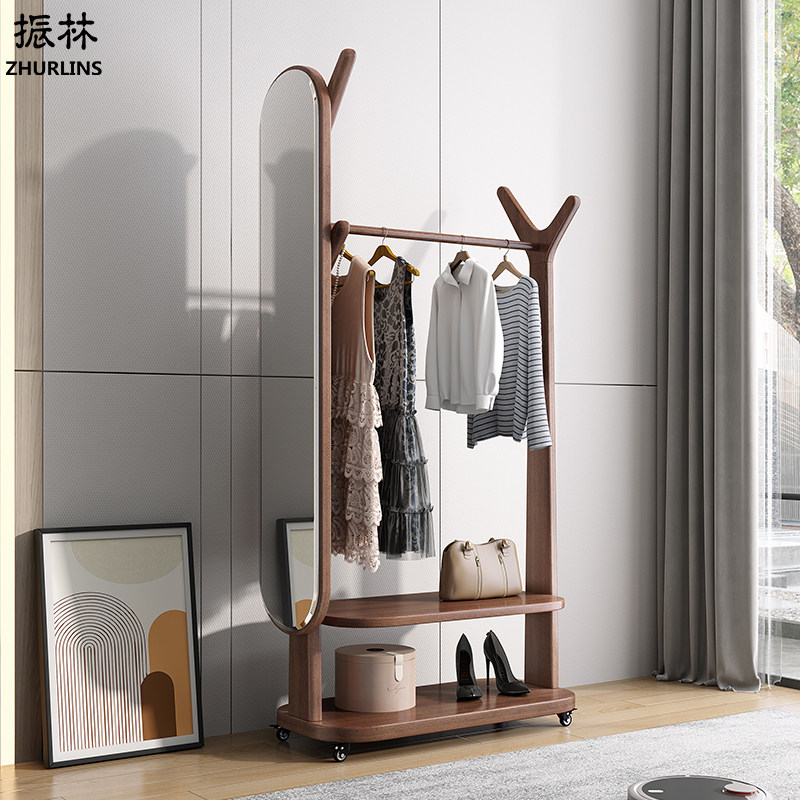 Black walnut wood color hanging clothes hanger full body mirror integrated floor bedroom Nordic solid wood living room with full body mirror clothes hat rack